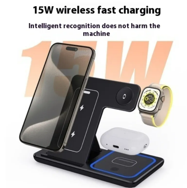 Foldable Fast Wireless Charger Stand 15W 3 In 1 LED