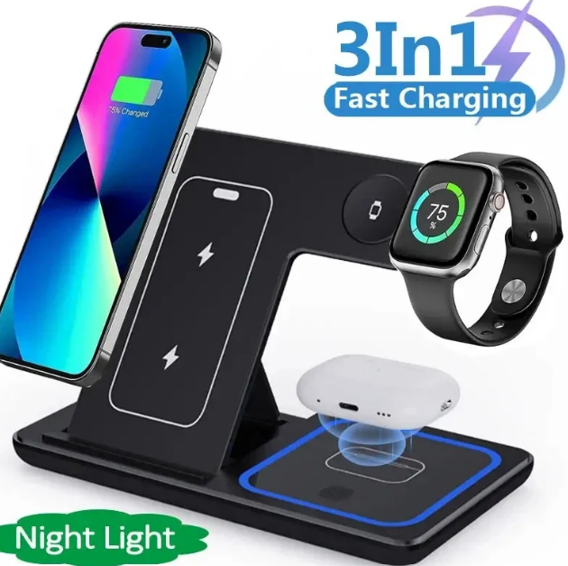 Foldable Fast Wireless Charger Stand 15W 3 In 1 LED